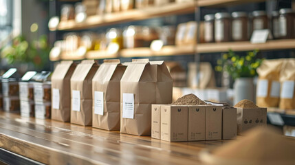 Various organic food products in paper packaging arranged neatly on a wooden counter in a rustic shop setting.