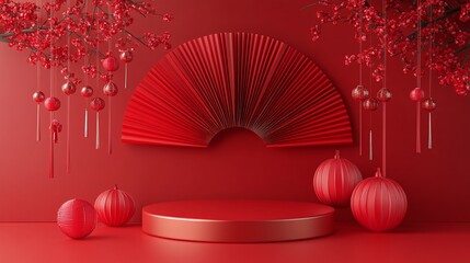 Chinese New Year Red Background with Lanterns and Fan for Festive Design