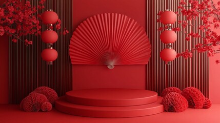 Red Chinese New Year Background Featuring Lanterns and a Fan for Holiday Design