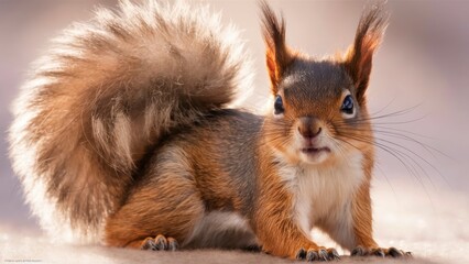 Obraz premium A squirrel with a big fluffy tail sitting on the ground, AI