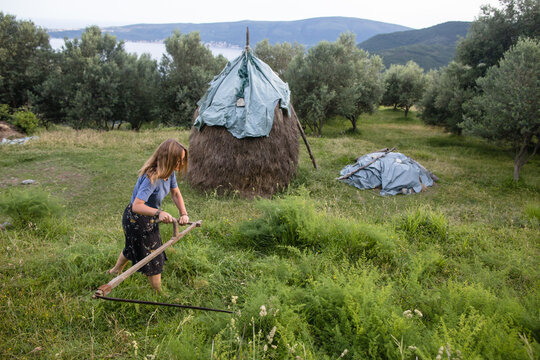 Woman mows grass for animal feed