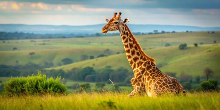 Majestic giraffe sitting alone on a grassy hillside, its long neck folded, and legs bent, enjoying a serene moment in the wild African savannah.