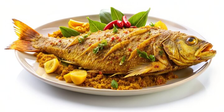 Crunchy fried fish coated in aromatic yellow spices, Indonesian-style ikan nila bumbu kuning, isolated on a clean white background, ready for serving or food styling.
