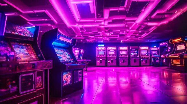 Arcade video games in an empty dark game room, with neon lights glowing softly, casting colorful reflections on the shiny floor