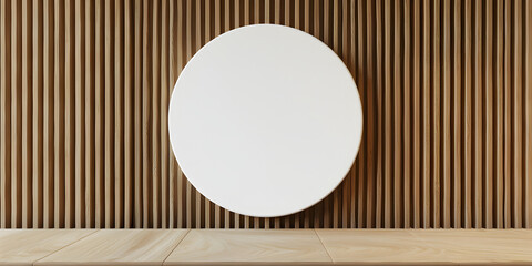 white circle hanging on the background of a wooden wall. 3D rendering of the interior. advertising display. AI generated