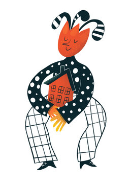Person With Red Flower Head Holding House
