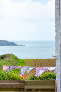 Tea towels on a washing line overlooking the sea