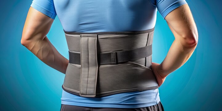 Isolated on a bright blue background, a lumbar support brace is wrapped around the lower back, highlighting orthopedic relief for muscle strain and lower back problems.