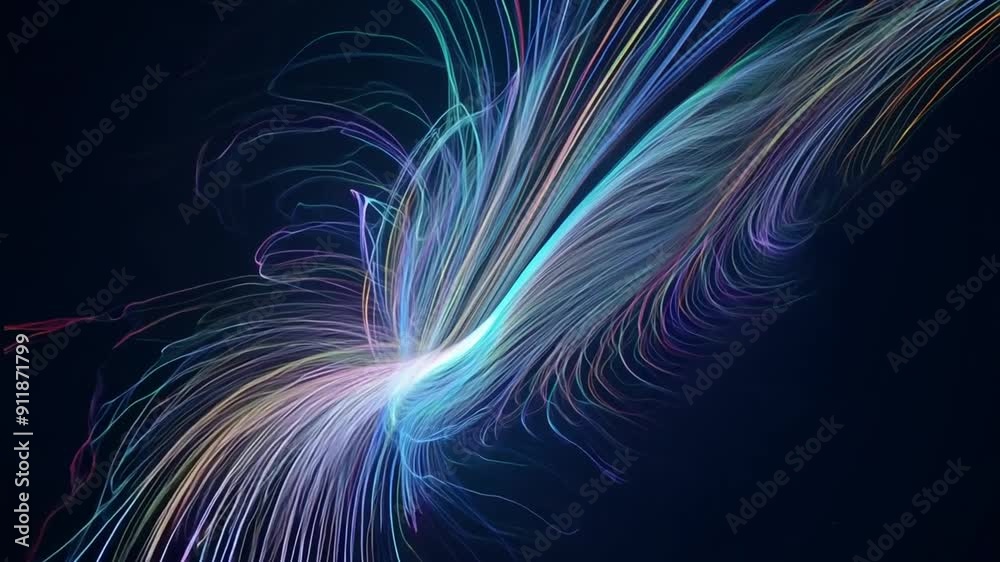 Poster abstract lines in flight creating colorful patterns on dark background generative ai