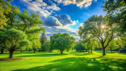 Serene landscape of lush green grass against a brilliant blue sky, surrounded by vibrant trees, epitomizing the beauty and tranquility of nature in a picturesque park setting.