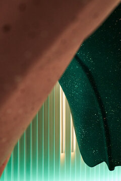 Neon-lit wall in the interior of a futuristic restaurant