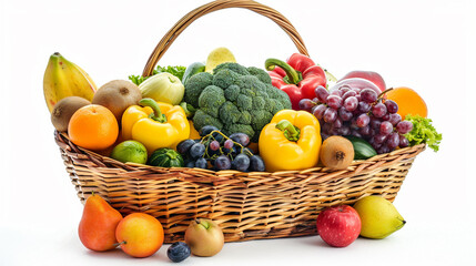 Farmers market. Straw basket full of fresh produce - fruits, vegetables. White background and autumn leaves. horizontal banner	
