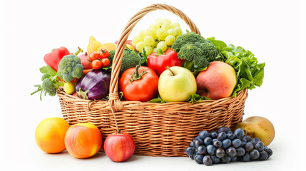 Farmers market. Straw basket full of fresh produce - fruits, vegetables. White background and autumn leaves. horizontal banner	
