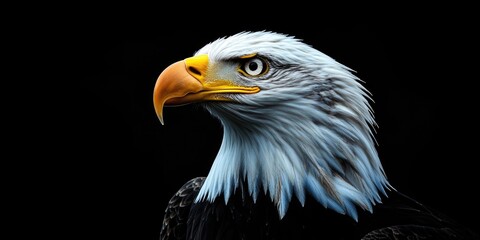 Fototapeta premium Close-up shot of an eagle's head on a black background, ideal for use in designs related to freedom, power, or nature