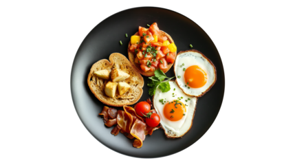 Gourmet breakfast with eggs, bacon, and toast on transparent background