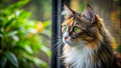 Intense calico or torbie cat with long hair sits in front of a blurred black fly screen and foliage, gazing out the window with focused curiosity.