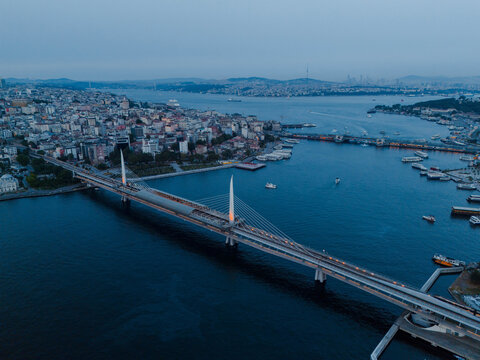 Aerial View of Istanbul's Bridges and Bosphorus Strait