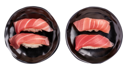 Two Black Round Plates with Tuna Nigiri Sushi Set Isolated on Transparent