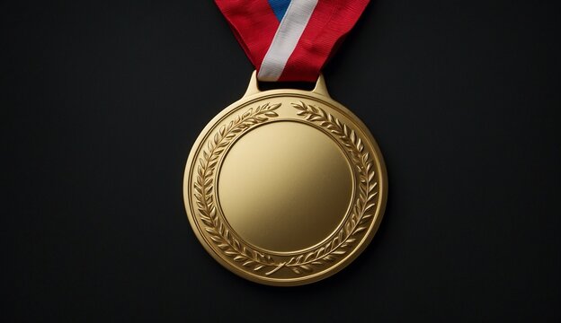 Gold medal with a red, white, and blue ribbon on black background.