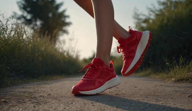 Woman wearing red sneakers on a gravel path outdoors.