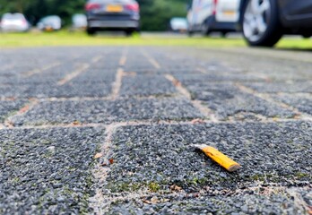 Burned out and put out cigarette butt filter lies on the street as street waste litter