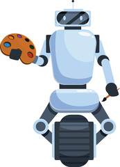 Modern robot holding paintbrush and palette creating art on white background