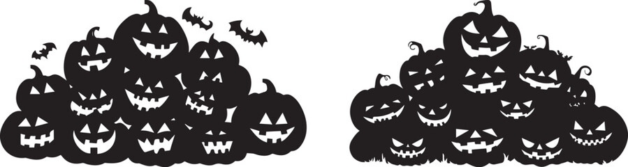 Silhouette of pile of halloween pumkins vector icon, black and white