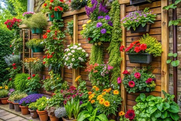 Fototapeta premium Vibrant vertical patio garden bursting with fresh English flowers and lush greenery, perfect for growing your own springtime vegetables in a small urban oasis.