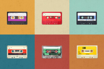Retro music background with set of vintage compact cassettes