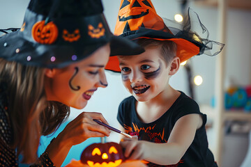 happy family getting ready for halloween make make-up