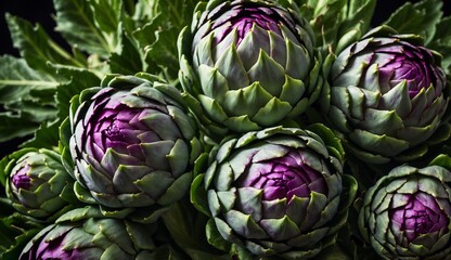 Fototapeta premium Close-up of vibrant purple and green artichokes leaves