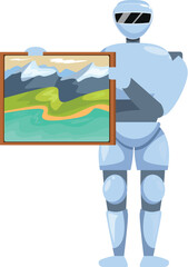 Robot presenting framed painting of a beautiful landscape with mountains and sea