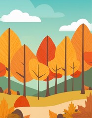 Autumn landscape with trees. Vector illustration in flat design style.  background with colorful trees