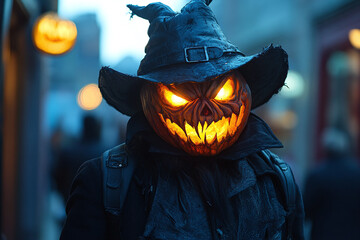 A person dressed as a headless horseman with a glowing pumpkin head.
