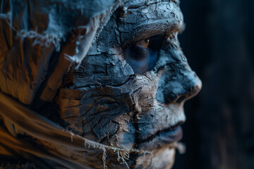 Mummy with decaying bandages stands in eerie Halloween scene perfect for scares and creepy costume ideas