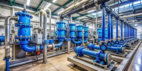 Modern water treatment facility with intricate pipe networks, automated control systems, and powerful pumps, ensuring efficient water supply and fire safety operations.