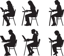 Silhouette of students are sitting on desks in classroom, classroom environment, vector icon