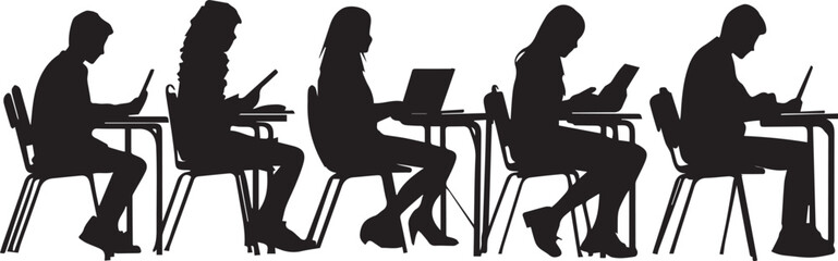 Silhouette of students are sitting on desks in classroom, classroom environment, vector icon