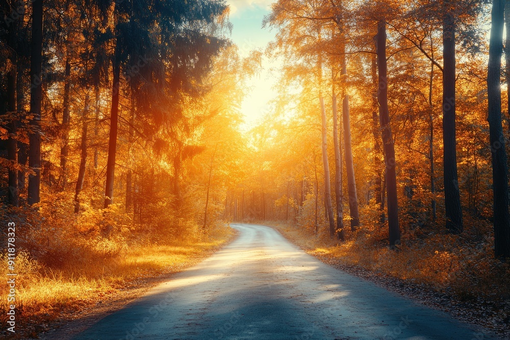 Poster a road with trees on either side and a sun shining through the trees