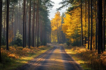 Fototapeta premium A road in a forest with trees on both sides. The road is lined with trees and the leaves are yellow
