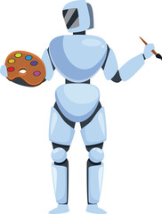Robot is holding a paintbrush and palette, embracing the world of art and creativity