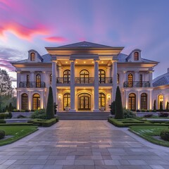 Elegant Mansion Surrounded by Lush Gardens at Dusk With Colorful Sunset Sky