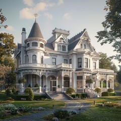 Elegant Victorian-Style Mansion Surrounded by Lush Greenery in Afternoon Light