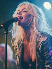 A woman performing on stage, microphone in hand