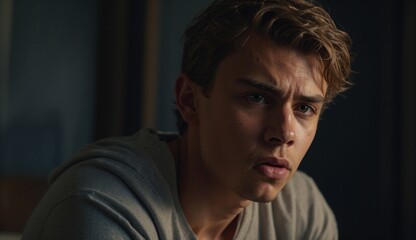 Fototapeta premium Pensive young man in casual gray shirt with intense gaze.