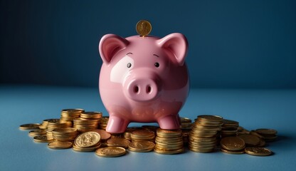 A pink piggy bank surrounded by stacks of coins on a table