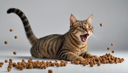 Playful cat with dry kibble scattered around on floor.