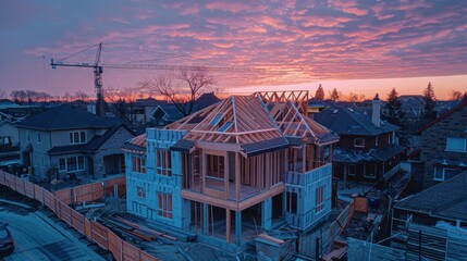 New Residential Home Under Construction at Sunset in a Suburban Neighborhood