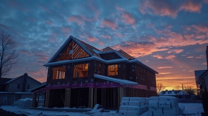 Beautiful Sunset Over a New House Construction Project in Winter