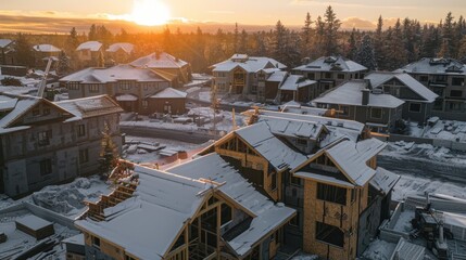 Construction of New Homes Amidst a Winter Sunset in a Snow-Covered Neighborhood